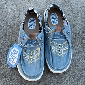 NWT Hey Dude Wendy Light Denim Jacket Shoe Womens Size 7 Gold Studded Cow Print